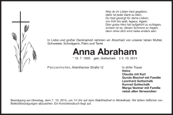 Traueranzeige von Anna Abraham von Der Bote