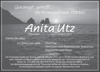 Traueranzeige von Anita Utz von Pegnitz-Zeitung