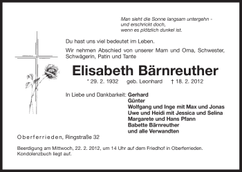 Traueranzeige von Elisabeth Bärnreuther von Der Bote