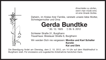 Traueranzeige von Gerda Bundtke von Der Bote