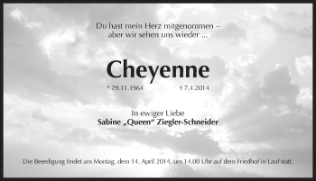 Traueranzeige von Cheyenne  von Pegnitz-Zeitung