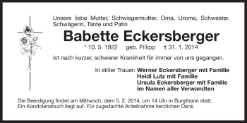 Traueranzeige von Babette Eckersberger von Der Bote