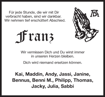 Traueranzeige von Franz  von Pegnitz-Zeitung