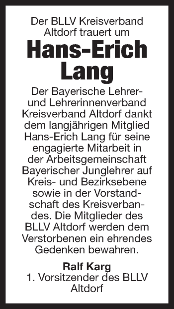Traueranzeige von Hans-Erich Lang von Der Bote