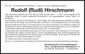 Traueranzeige von Rudolf Hirschmann von Der Bote