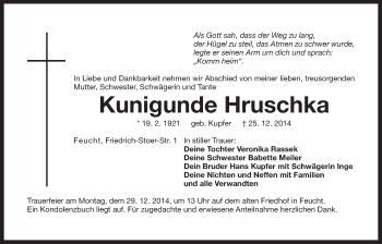 Traueranzeige von Kunigunde Hruschka von Der Bote