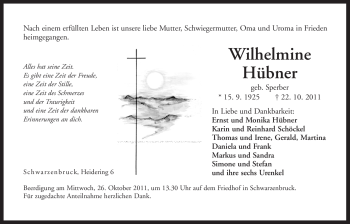 Traueranzeige von Wilhelmine Huebner von Der Bote