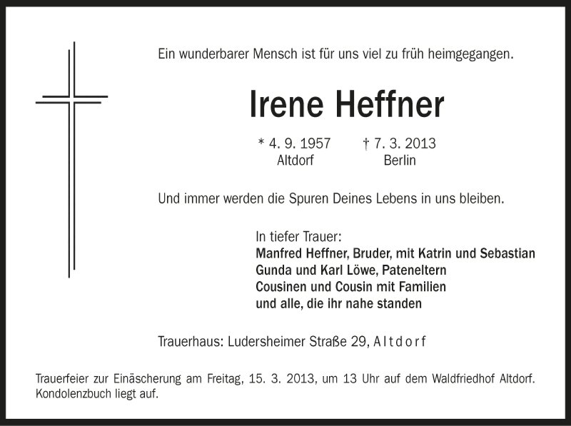  Traueranzeige für Irene Heffner vom 12.03.2013 aus Der Bote