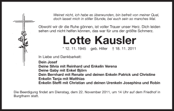 Traueranzeige von Lotte Kausler von Der Bote