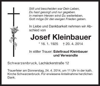 Traueranzeige von Josef Kleinbauer von Der Bote