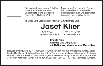 Traueranzeige von Josef Klier von Der Bote