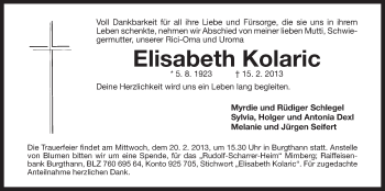 Traueranzeige von Elisabeth Kolaric von Der Bote