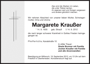 Traueranzeige von Margarete Kraußer von Der Bote