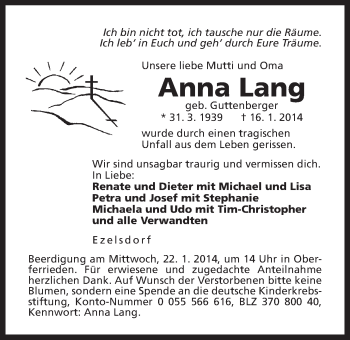 Traueranzeige von Anna Lang von Der Bote