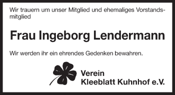 Traueranzeige von Ingeborg Lendermann von Pegnitz-Zeitung