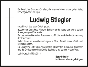 Traueranzeige von Ludwig Stiegler von Der Bote