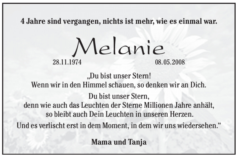  Traueranzeige für Melanie  vom 08.05.2012 aus Pegnitz-Zeitung
