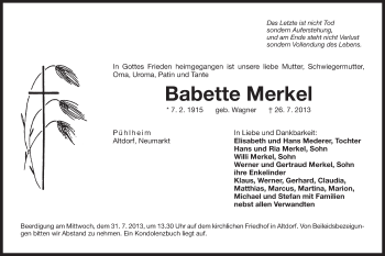 Traueranzeige von Babette Merkel von Der Bote