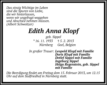Traueranzeige von Edith Anna Klopf von Der Bote