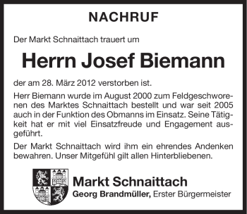 Traueranzeige von Josef Biemann von Pegnitz-Zeitung