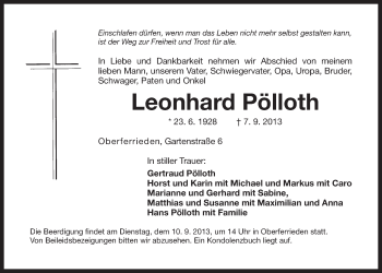 Traueranzeige von Leonhard Pölloth von Der Bote