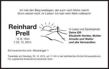 Traueranzeige von Reinhard Prell von Der Bote