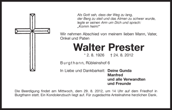 Traueranzeige von Walter Prester von Der Bote
