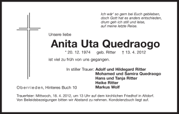 Traueranzeige von Anita Uta Quedraogo von Der Bote