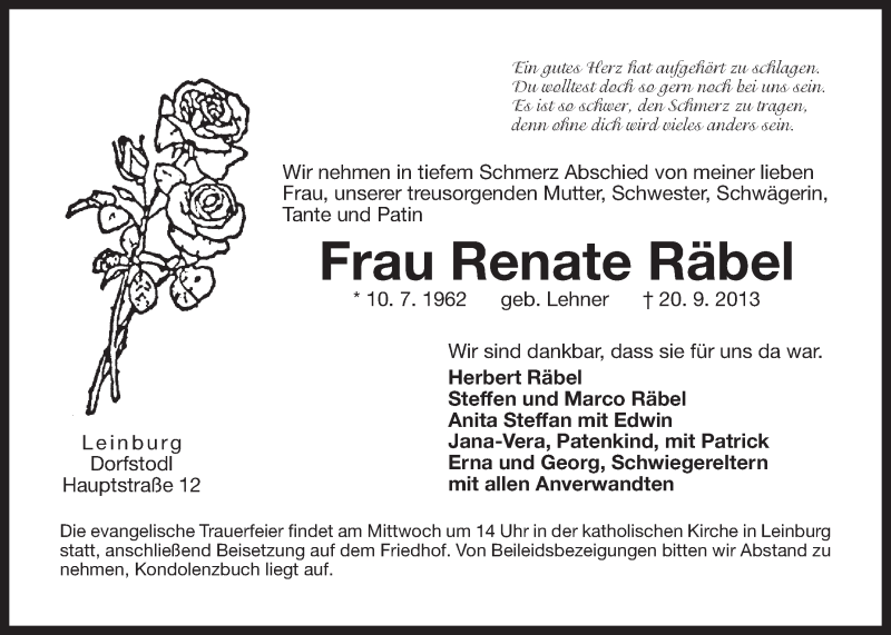  Traueranzeige für Renate Räbel vom 23.09.2013 aus Der Bote