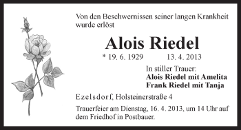 Traueranzeige von Alois Riedel von Der Bote