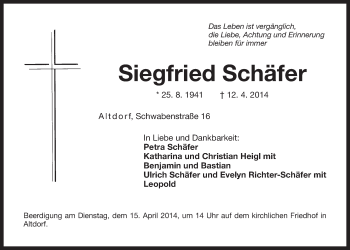 Traueranzeige von Schaefer Siegfried von Der Bote