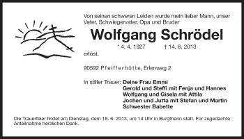 Traueranzeige von Wolfgang Schrödel von Der Bote
