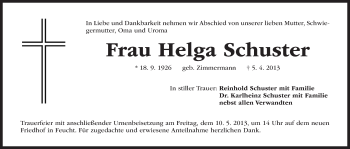Traueranzeige von Helga Schuster von Der Bote