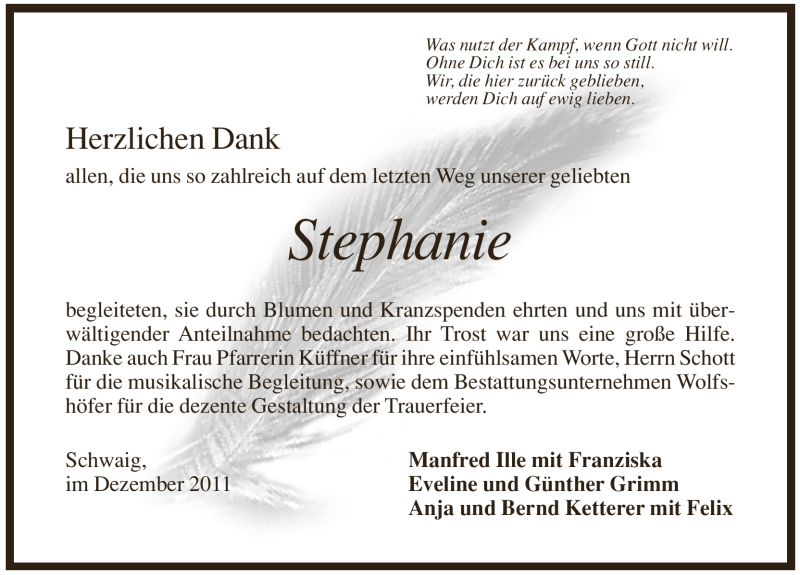  Traueranzeige für Stephanie Ille vom 30.12.2011 aus Pegnitz-Zeitung