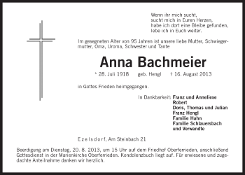 Traueranzeige von Anna Bachmeier von Der Bote