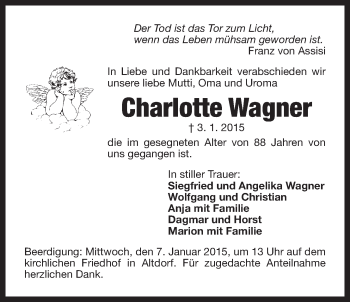 Traueranzeige von Charlotte Wagner von Der Bote