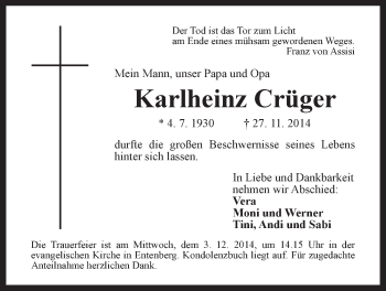 Traueranzeige von Karlheinz Crüger von Der Bote