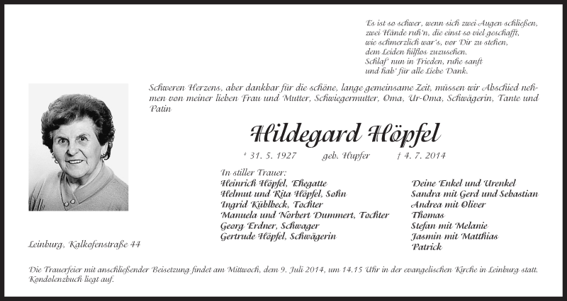  Traueranzeige für Hildegard Höpfel vom 07.07.2014 aus Der Bote