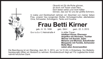 Traueranzeige von Betti Kirner von Der Bote