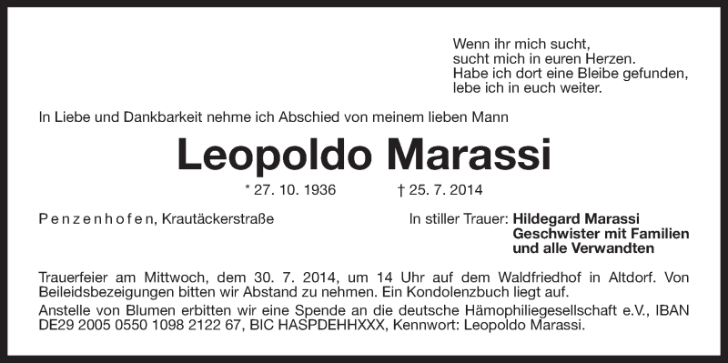  Traueranzeige für Leopoldo Marassi vom 28.07.2014 aus Der Bote