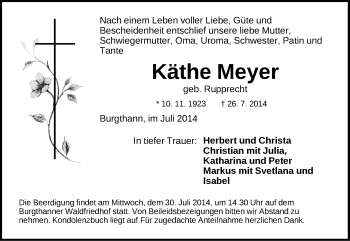 Traueranzeige von Käthe Meyer von Der Bote