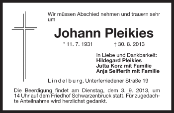 Traueranzeige von Johann Pleikies von Der Bote