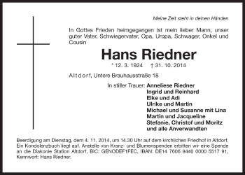 Traueranzeige von Hans Riedner von Der Bote