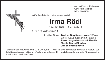 Traueranzeige von Irma Rödl von Der Bote