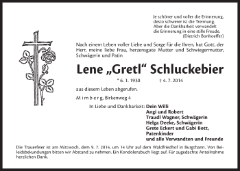 Traueranzeige von Lene Schluckebier von Der Bote