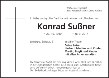 Traueranzeige von Konrad Sußner von Der Bote