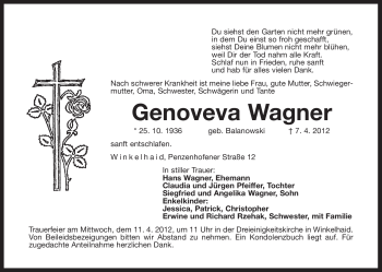 Traueranzeige von Genoveva Wagner von Der Bote
