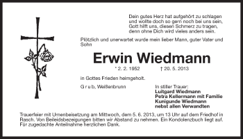 Traueranzeige von Erwin Wiedmann von Der Bote