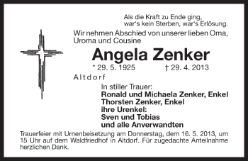 Traueranzeige von Angela Zenker von Der Bote