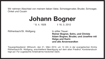 Traueranzeige von Johann Bogner von Der Bote